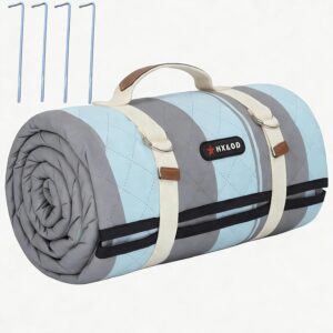 HX&OD Outdoor Picnic Blanket Extra Large, 80''*60'' Waterproof Picnic Mat with Stakes Foldable Camping Blanket Portable with Carry Strap for Beach Mat (Green& White, 80''*60'')