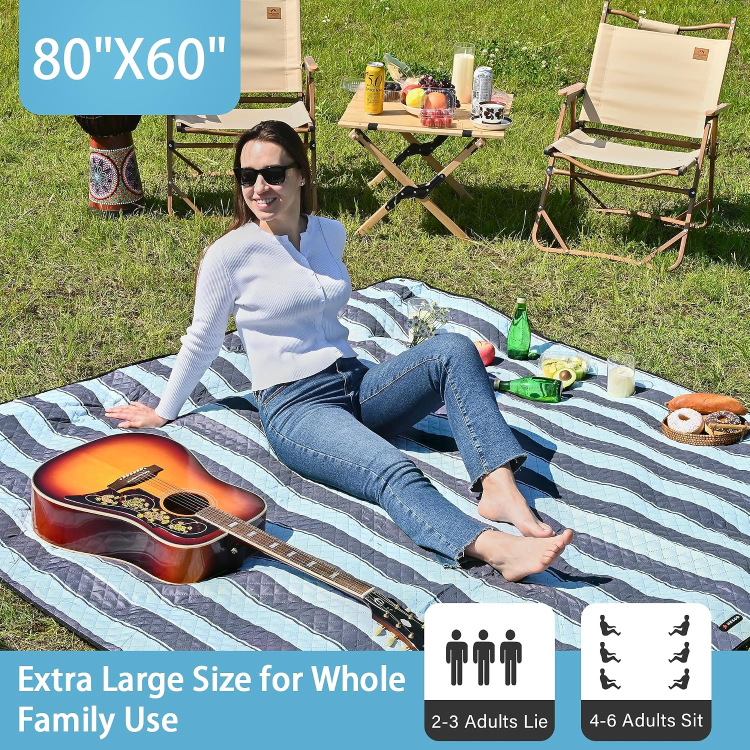 HX&OD Outdoor Picnic Blanket Extra Large, 80''*60'' Waterproof Picnic Mat with Stakes Foldable Camping Blanket Portable with Carry Strap for Beach Mat (Green& White, 80''*60'') - Image 3