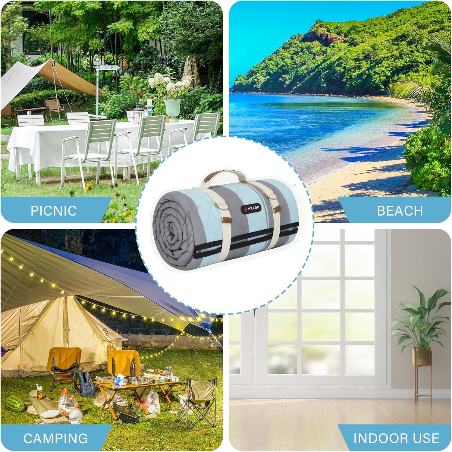 HX&OD Outdoor Picnic Blanket Extra Large, 80''*60'' Waterproof Picnic Mat with Stakes Foldable Camping Blanket Portable with Carry Strap for Beach Mat (Green& White, 80''*60'') - Image 7