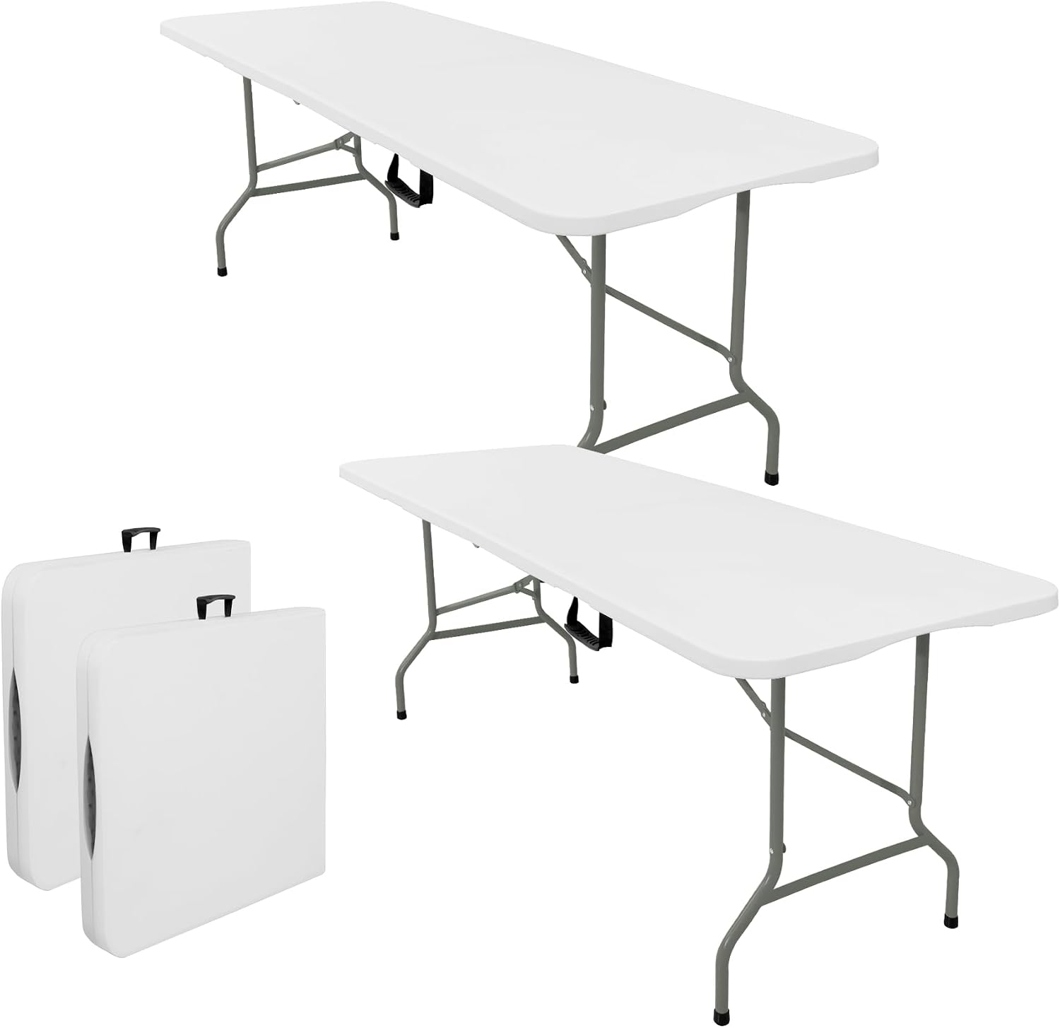 Set of 2 Folding Tables with Carrying Lightweight Rectangular Portable Plastic Camping Table Steel Legs for Party, Dining, Wedding, Events, Picnic, Outdoor (5FT, White)