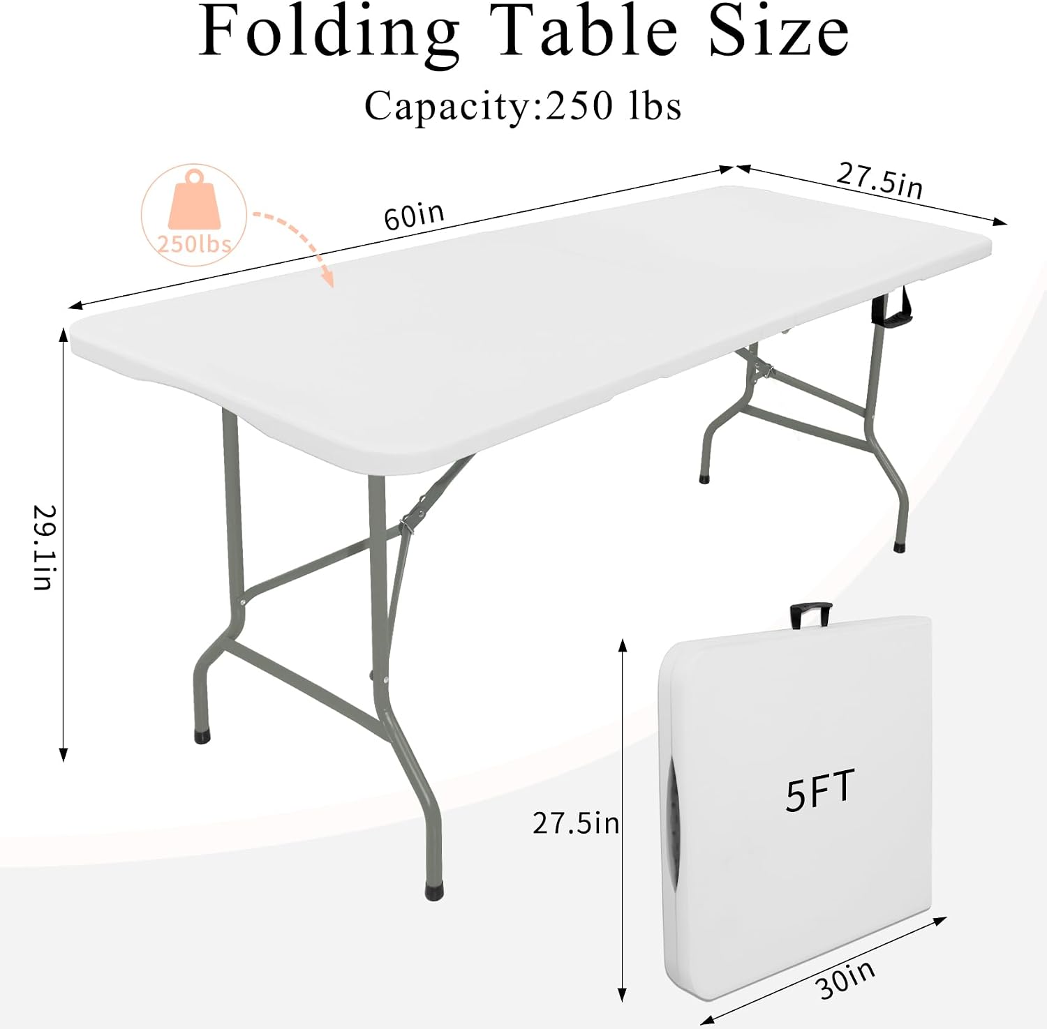 Set of 2 Folding Tables with Carrying Lightweight Rectangular Portable Plastic Camping Table Steel Legs for Party, Dining, Wedding, Events, Picnic, Outdoor (5FT, White) - Image 2