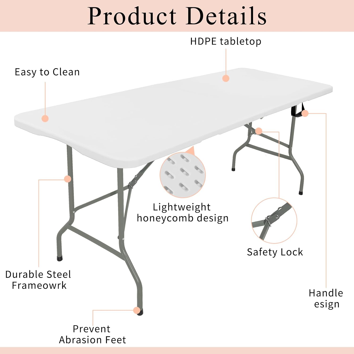 Set of 2 Folding Tables with Carrying Lightweight Rectangular Portable Plastic Camping Table Steel Legs for Party, Dining, Wedding, Events, Picnic, Outdoor (5FT, White) - Image 3
