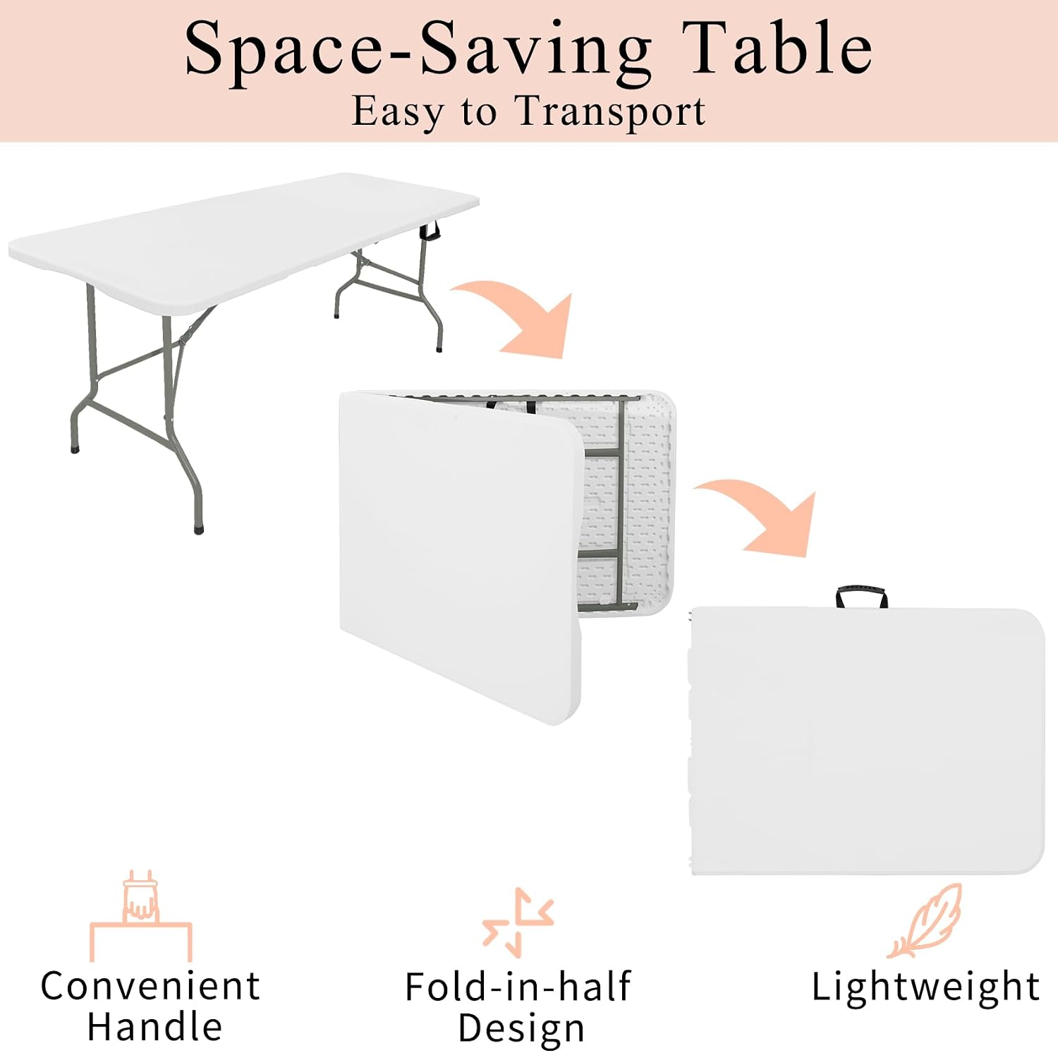 Set of 2 Folding Tables with Carrying Lightweight Rectangular Portable Plastic Camping Table Steel Legs for Party, Dining, Wedding, Events, Picnic, Outdoor (5FT, White) - Image 4