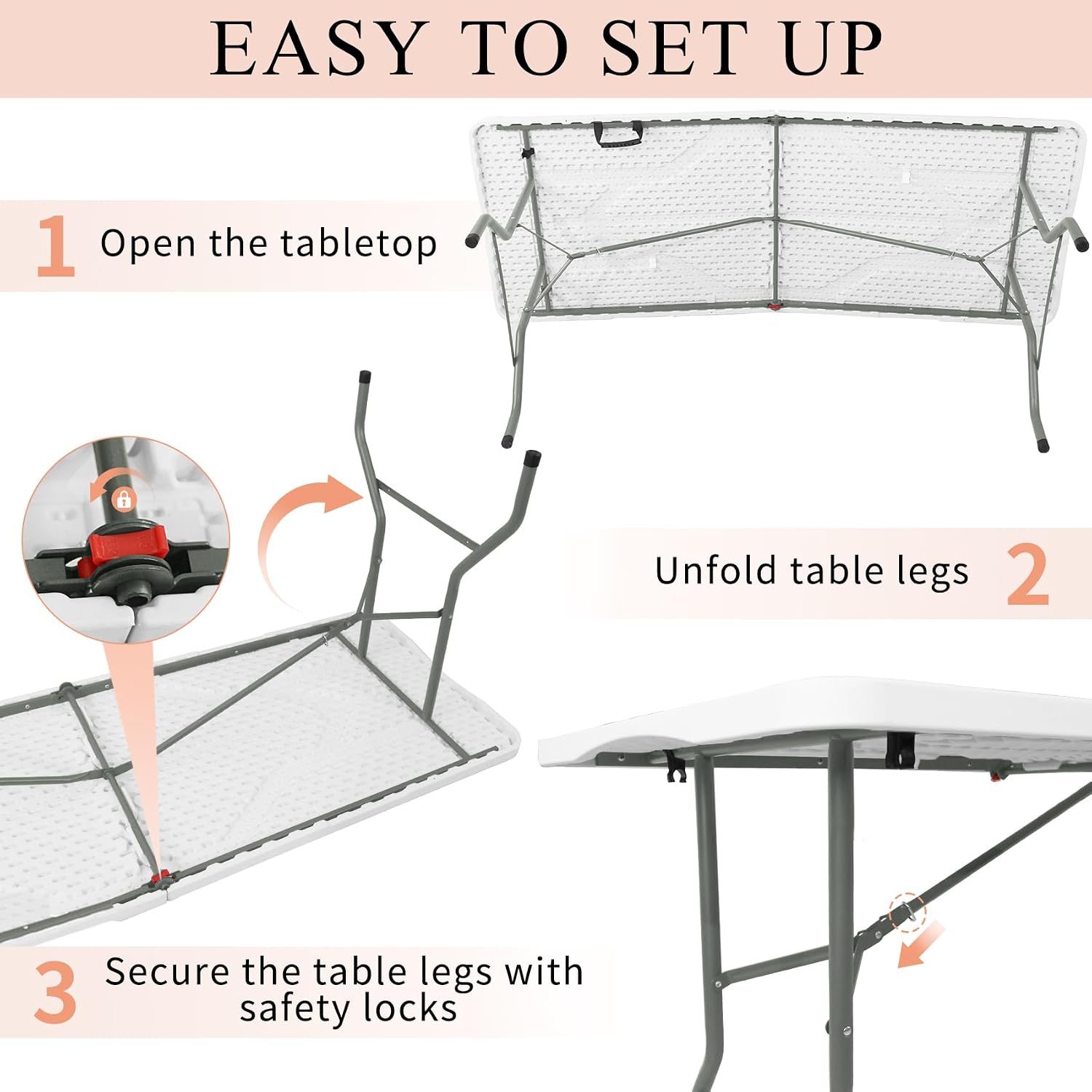 Set of 2 Folding Tables with Carrying Lightweight Rectangular Portable Plastic Camping Table Steel Legs for Party, Dining, Wedding, Events, Picnic, Outdoor (5FT, White) - Image 5