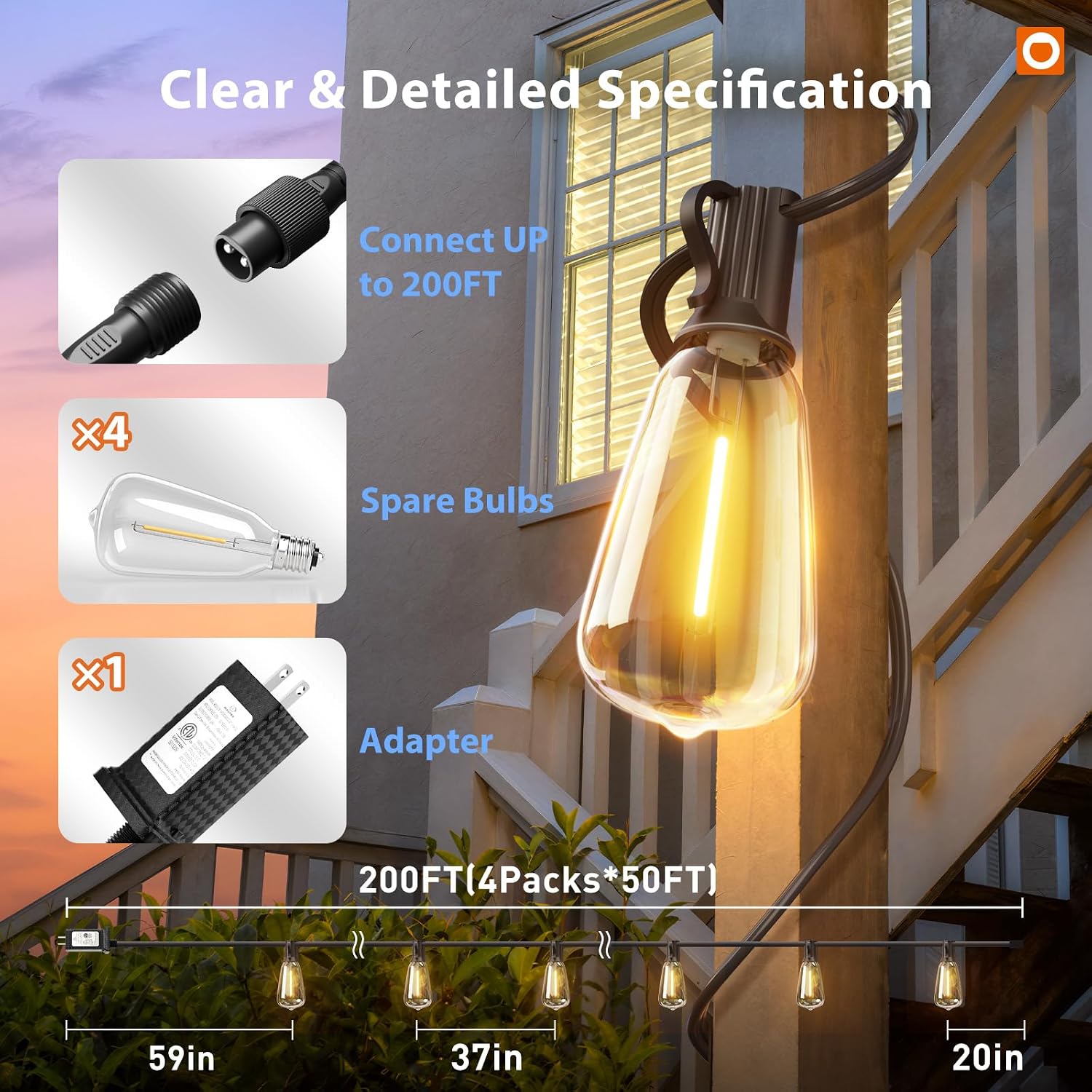 addlon 200(50FT*4) Outdoor String Lights with Remote LED Edison Waterproof - Image 5
