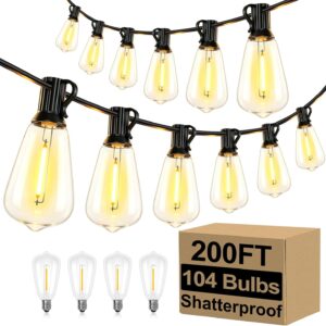 Brightever Outdoor String Lights 200FT Waterproof, Patio String Lights for Outside with 100+4 ST38 Shatterproof LED Filament Bulbs, Dimmable Hanging Lights for Christmas, Party, Cafe (2-Pack 100FT)