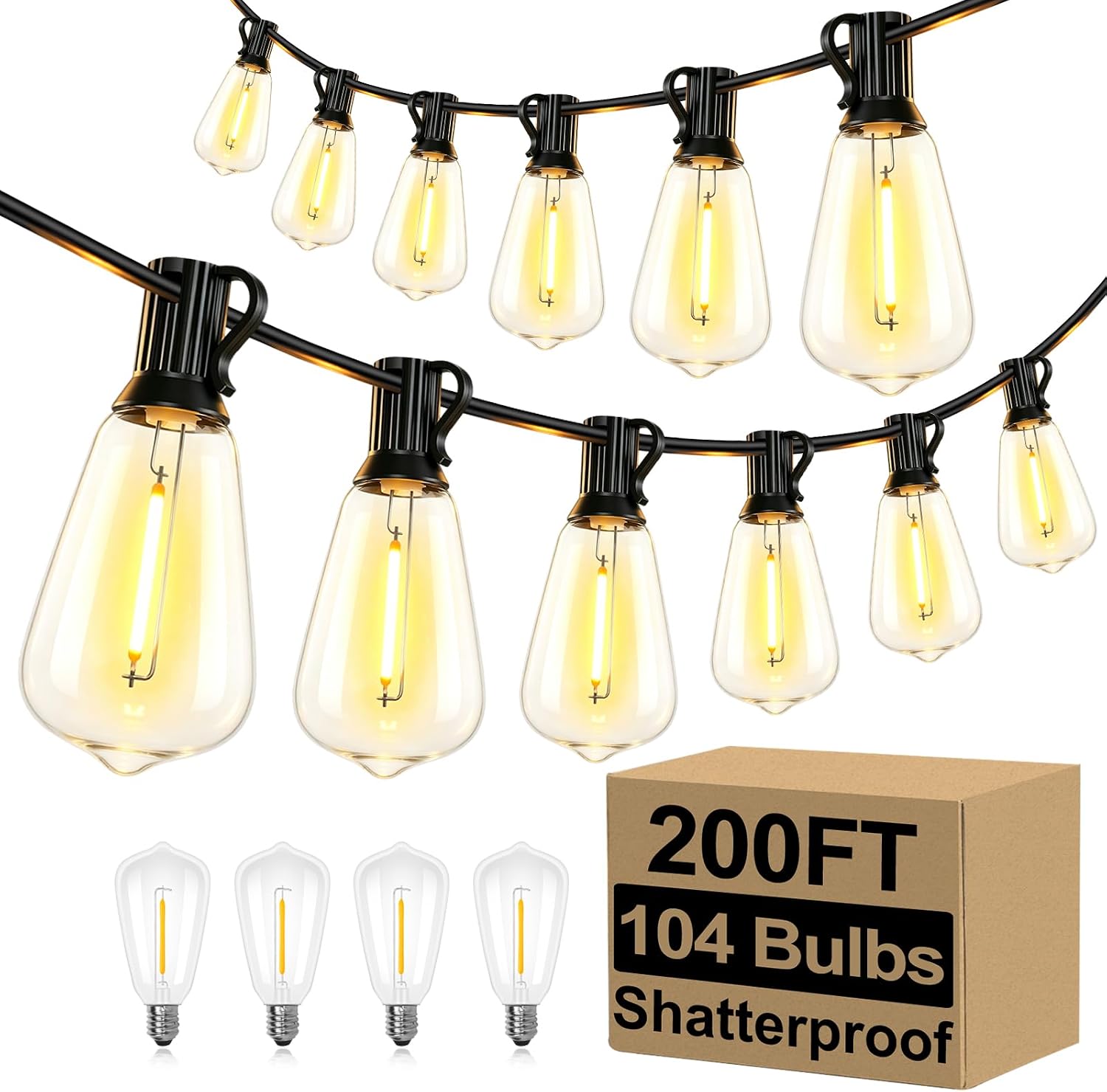 Brightever Outdoor String Lights 200FT Waterproof, Patio String Lights for Outside with 100+4 ST38 Shatterproof LED Filament Bulbs, Dimmable Hanging Lights for Christmas, Party, Cafe (2-Pack 100FT)