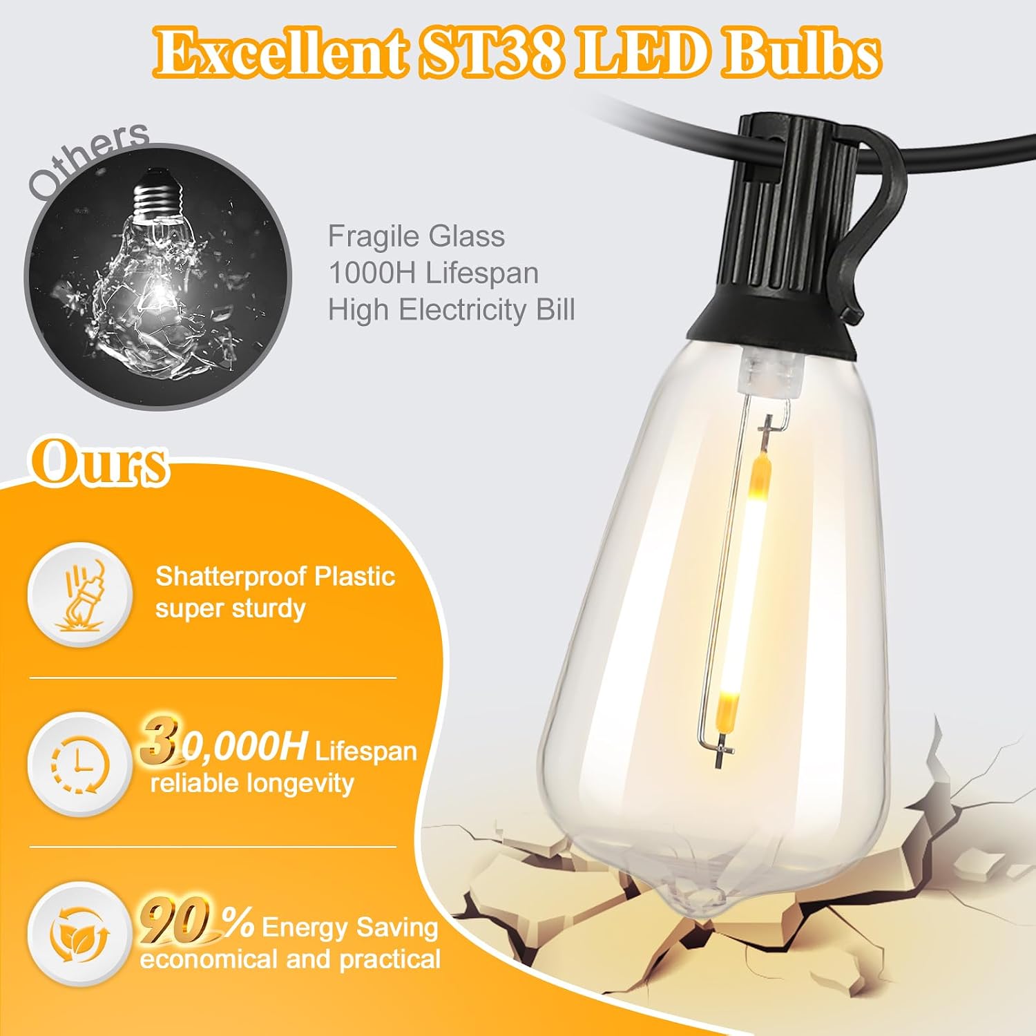 Brightever Outdoor String Lights 200FT Waterproof, Patio String Lights for Outside with 100+4 ST38 Shatterproof LED Filament Bulbs, Dimmable Hanging Lights for Christmas, Party, Cafe (2-Pack 100FT) - Image 2