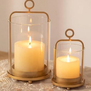 NUPTIO Gold Lanterns Set of 2 Hurricane Glass Candle Holders for Pillars
