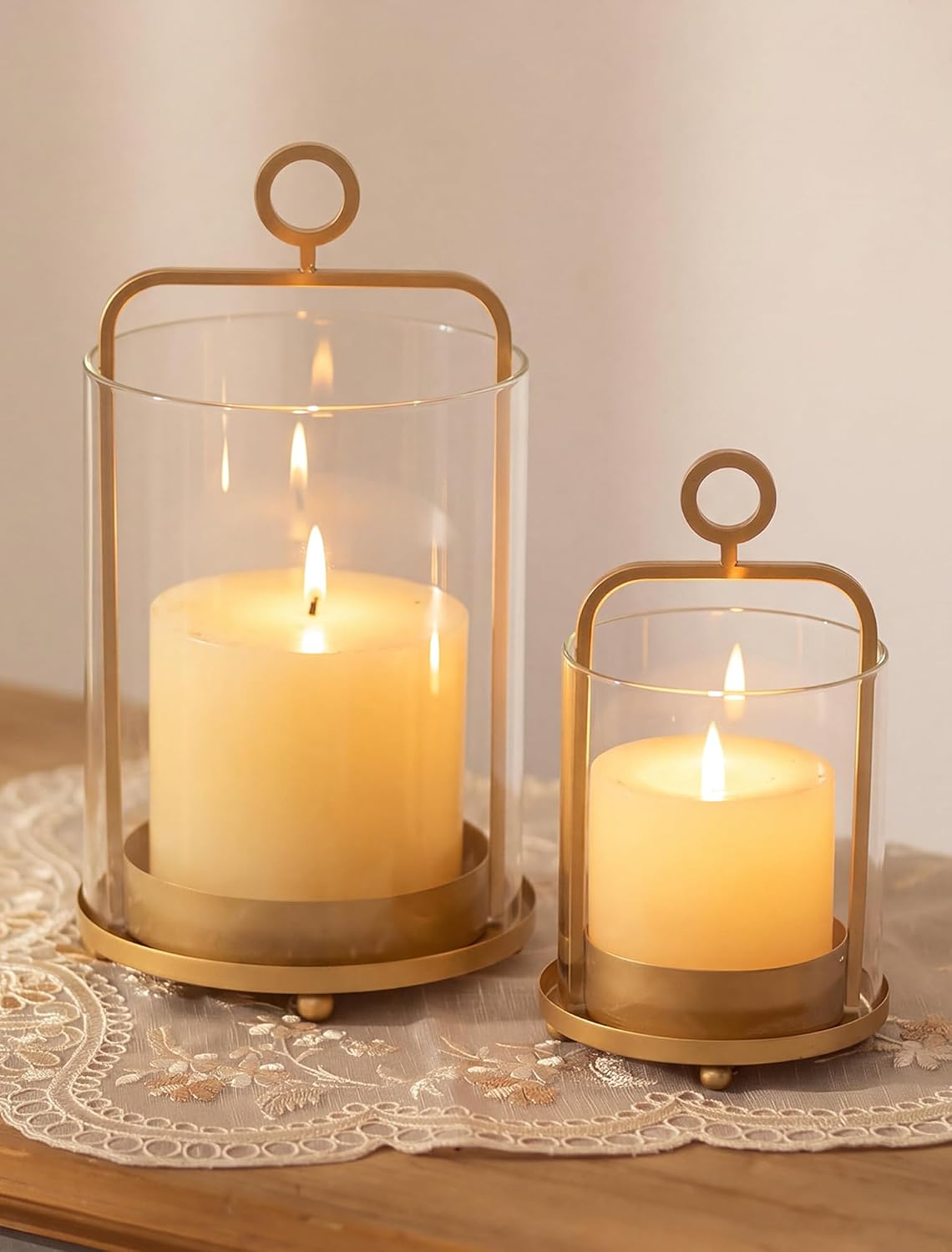 NUPTIO Gold Lanterns Set of 2 Hurricane Glass Candle Holders for Pillars