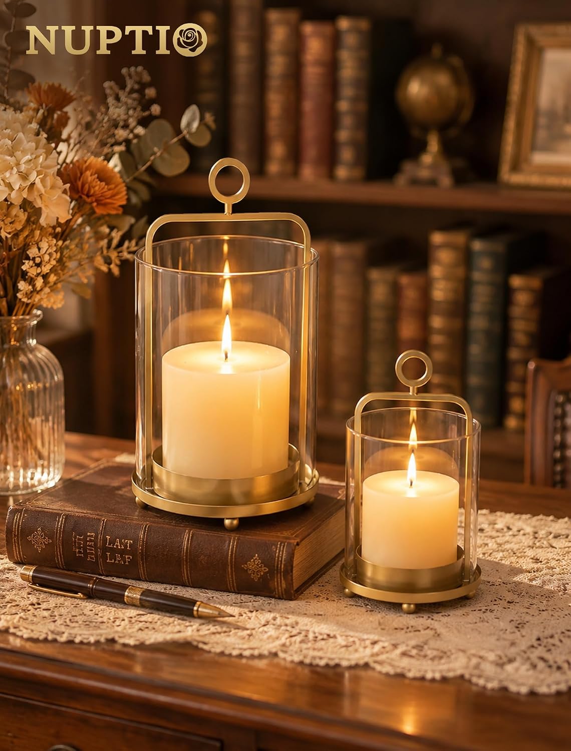 NUPTIO Gold Lanterns Set of 2 Hurricane Glass Candle Holders for Pillars - Image 2
