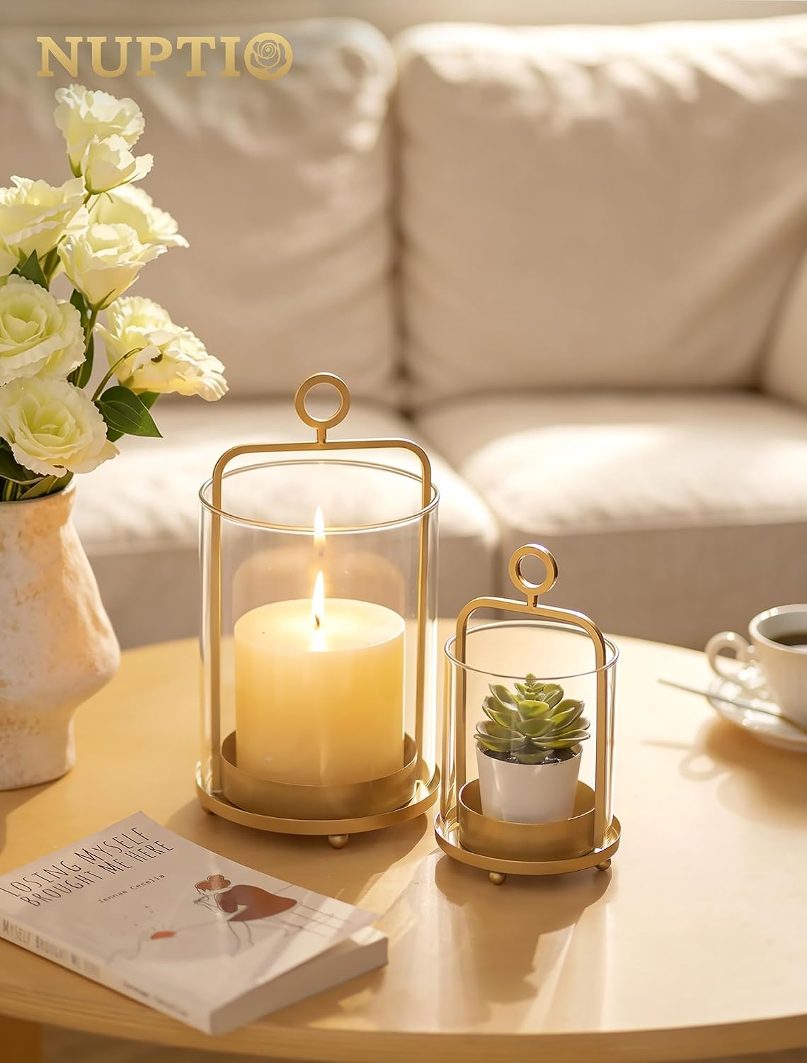 NUPTIO Gold Lanterns Set of 2 Hurricane Glass Candle Holders for Pillars - Image 3