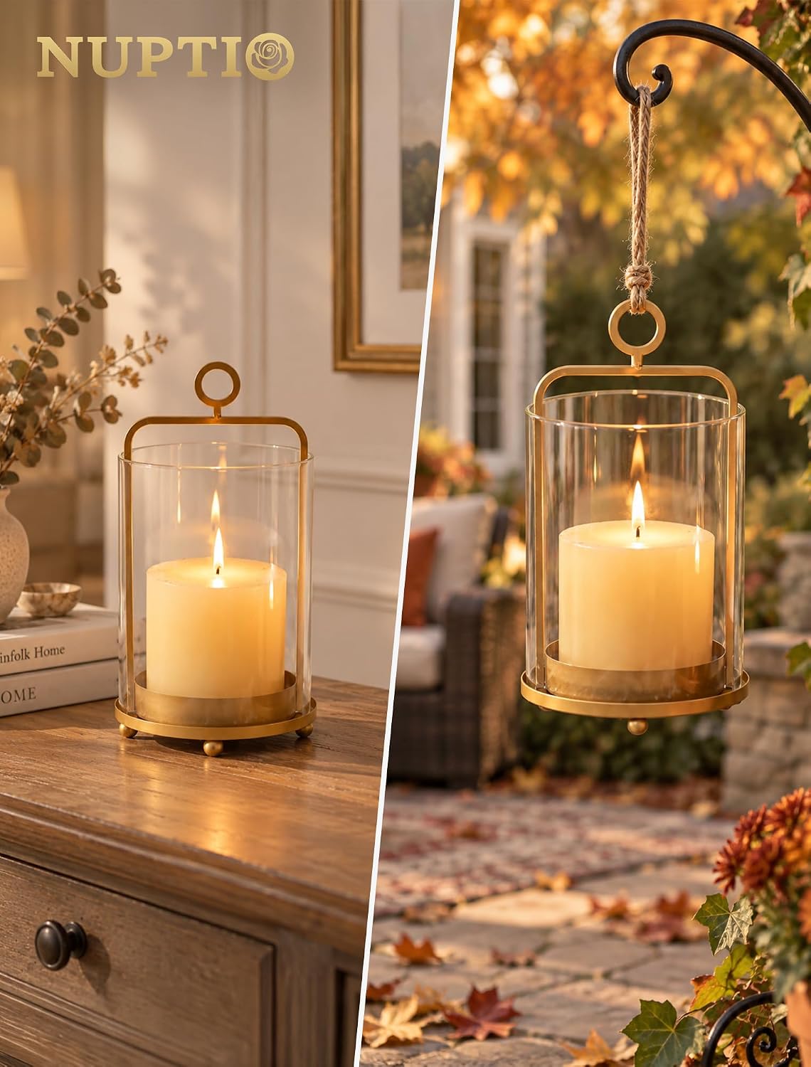 NUPTIO Gold Lanterns Set of 2 Hurricane Glass Candle Holders for Pillars - Image 5