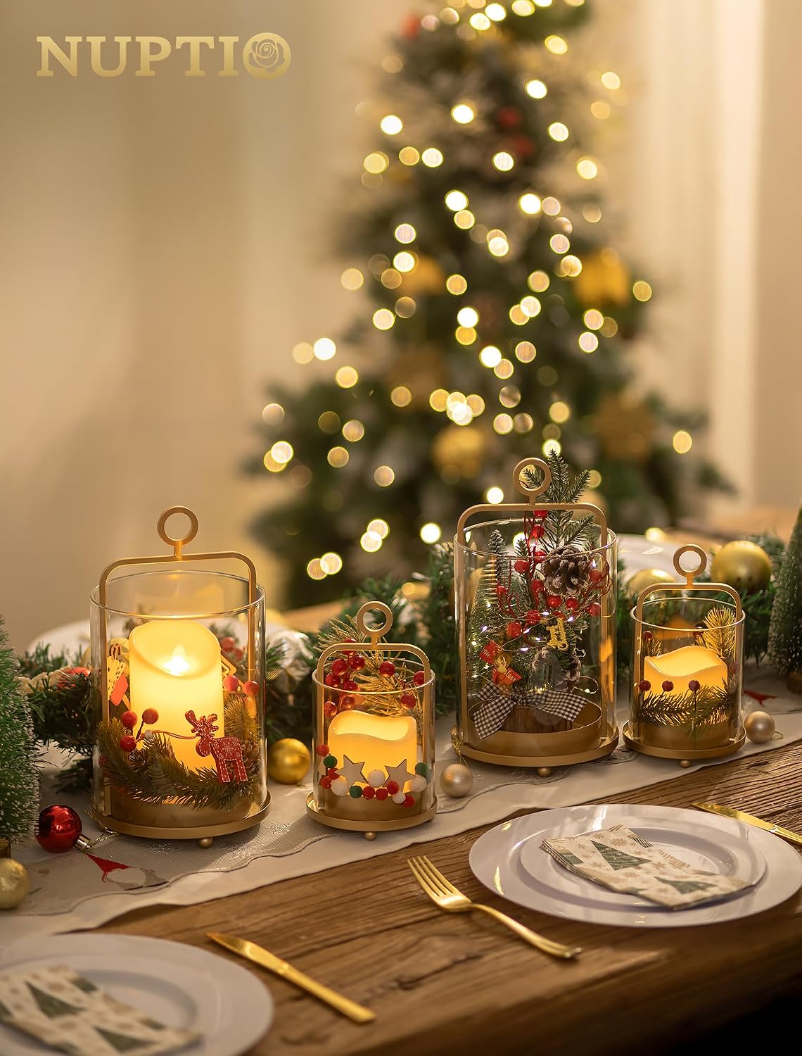 NUPTIO Gold Lanterns Set of 2 Hurricane Glass Candle Holders for Pillars - Image 7