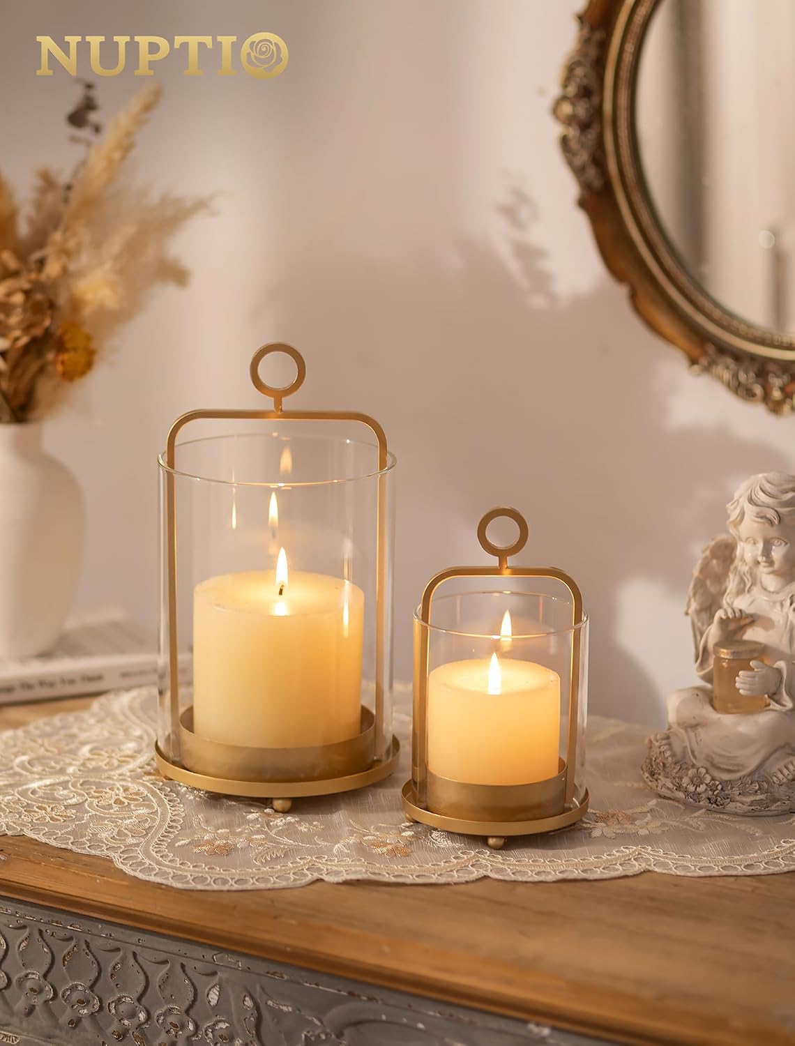 NUPTIO Gold Lanterns Set of 2 Hurricane Glass Candle Holders for Pillars - Image 9