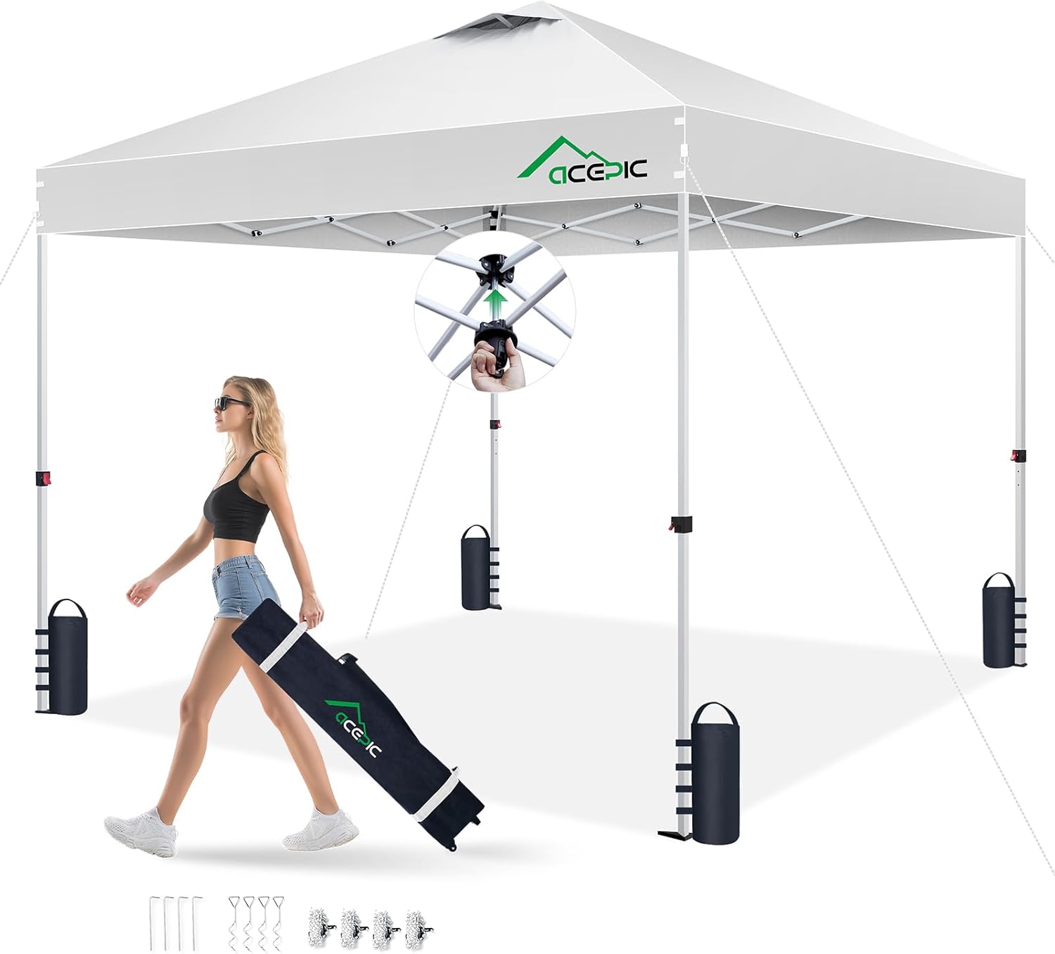 Acepic 10x10 Pop Up Canopy Tent, Easy Setup Portable Shelter, White, 10*10