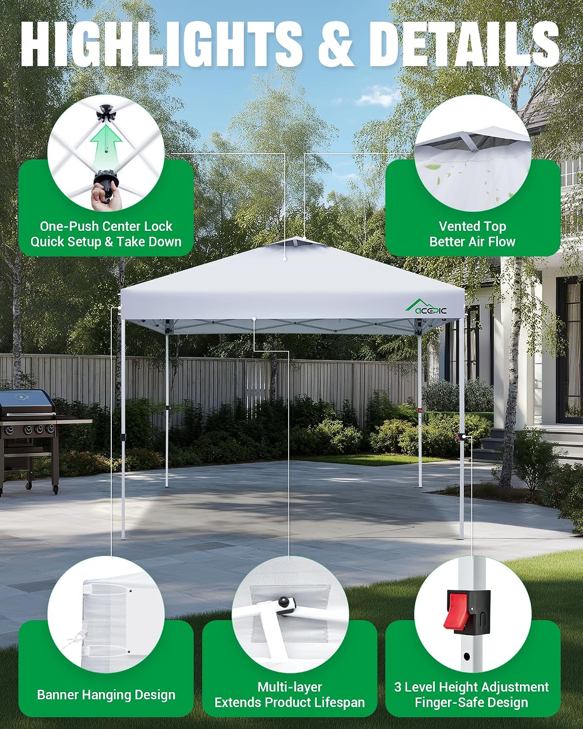 Acepic 10x10 Pop Up Canopy Tent, Easy Setup Portable Shelter, White, 10*10 - Image 2
