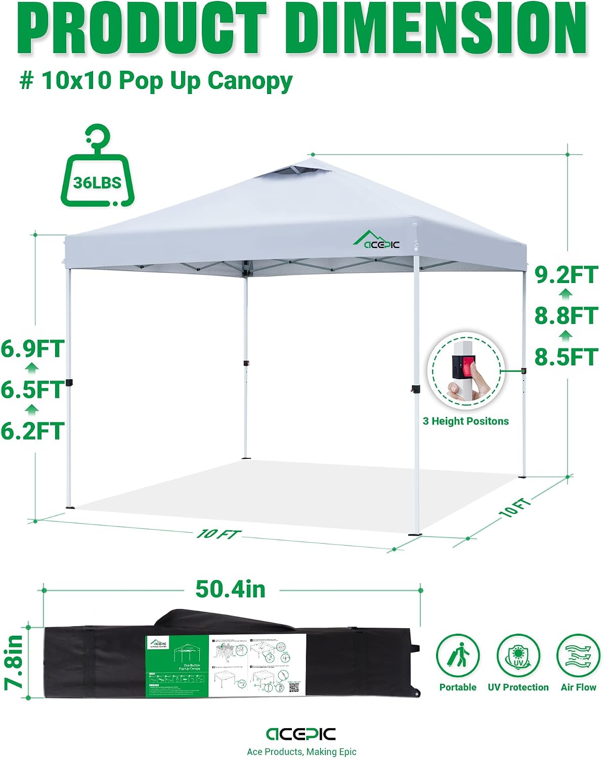 Acepic 10x10 Pop Up Canopy Tent, Easy Setup Portable Shelter, White, 10*10 - Image 3
