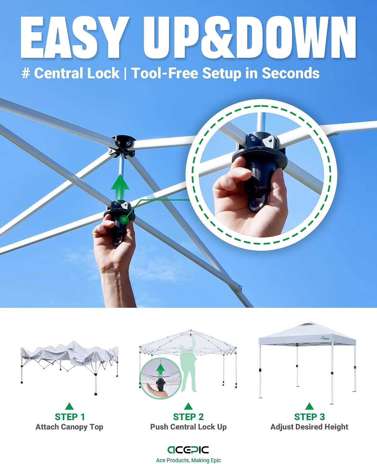 Acepic 10x10 Pop Up Canopy Tent, Easy Setup Portable Shelter, White, 10*10 - Image 4