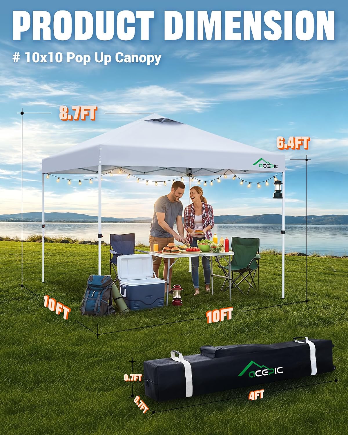 Acepic 10x10 Pop Up Canopy Tent, Easy Setup Portable Shelter, White, 10*10 - Image 8